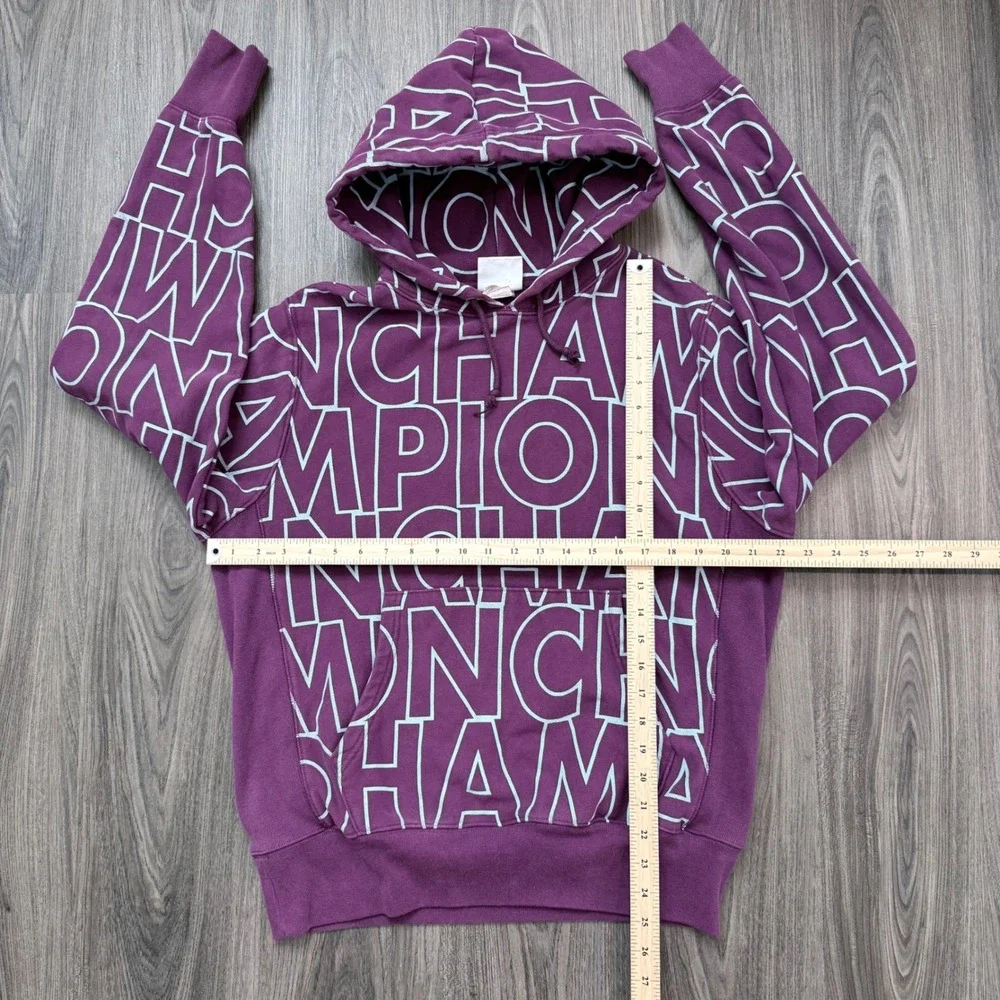 Champion Reverse Weave All Over Logo Hoodie Sweatshirt Pullover Purple Medium - Picture 4 of 7
